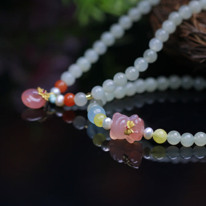 Natural Hetian Jade Pink Crystal Peace Buckle Happiness Abundance Bracelet - image 5
