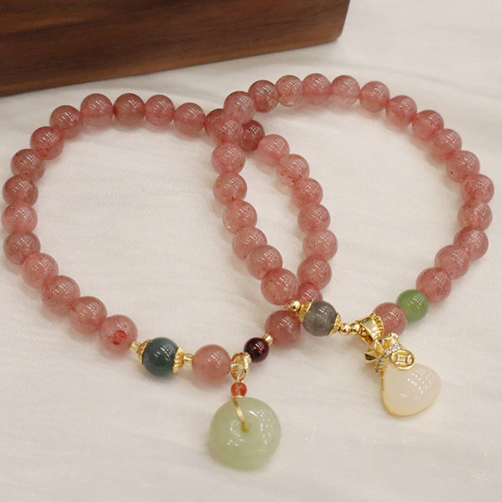 Buddha Stones Natural Strawberry Quartz Jade Peace Buckle Coin Purse Healing Bracelet