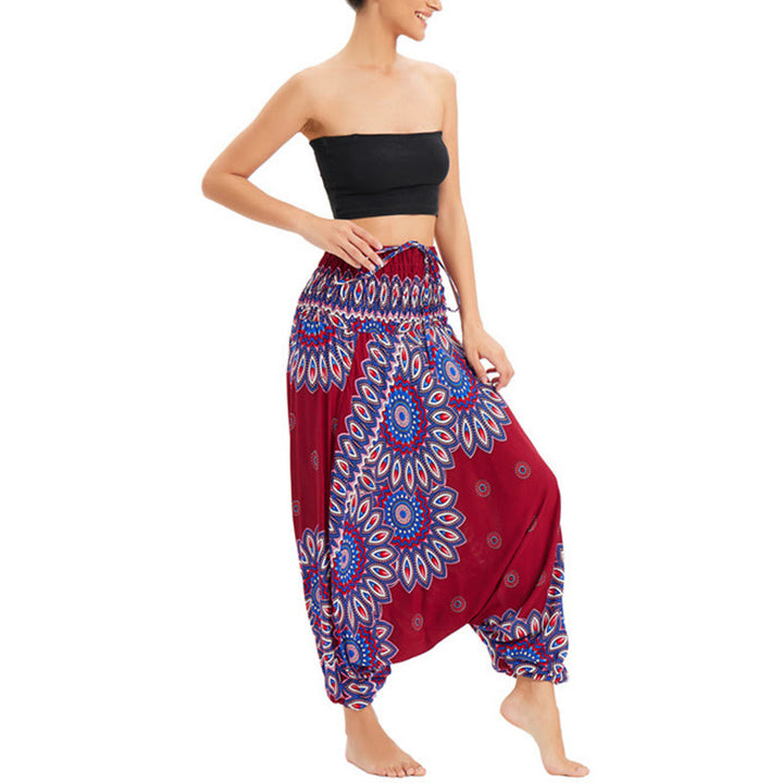 Buddha Stones Two Style Wear Sunflower Loose Smocked Harem Trousers Jumpsuit High Waist Pants