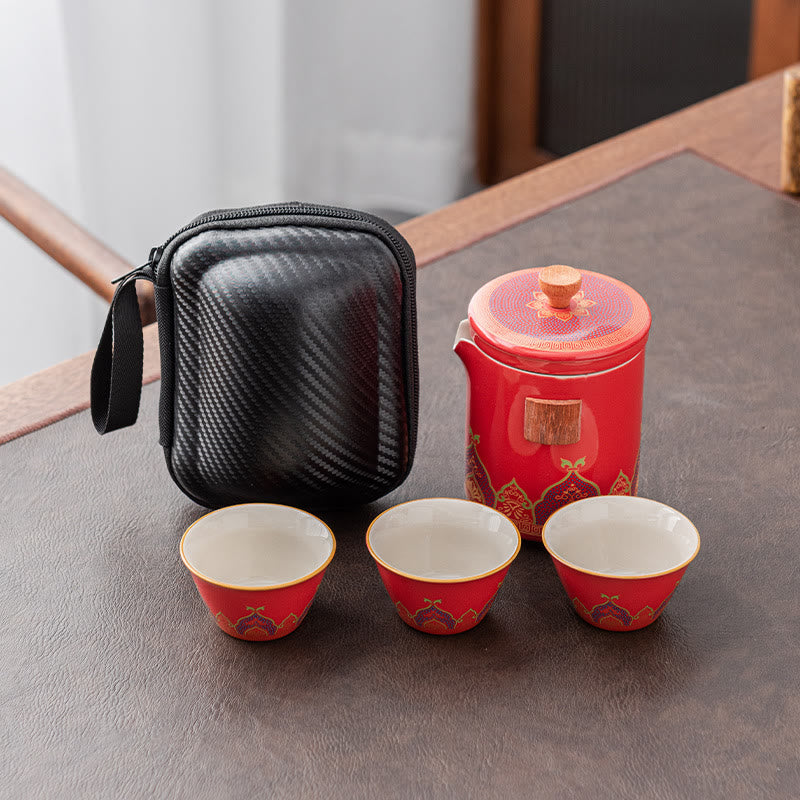 Flower Chinese Gongfu Ceramic Teapot Portable Outdoor Travel Tea Set Bag