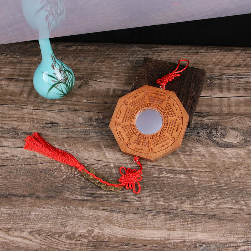 Feng Shui Bagua Map Peach Wood Five-Emperor Coins Chinese Knotting Balance Energy Map Mirror - 20*2cm - Convex Mirror - Bagua Map&Five Emperor Coins - image 1