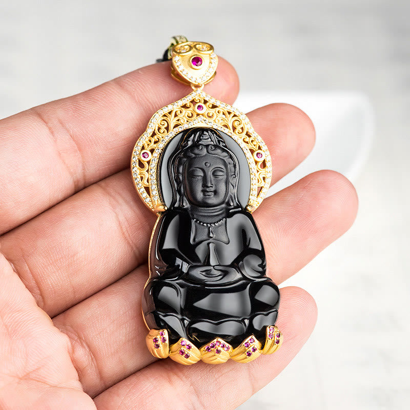Buddha Stones 925 Sterling Silver Natural Black Jade Kwan Yin Avalokitesvara Wealth Necklace Pendant - image 3