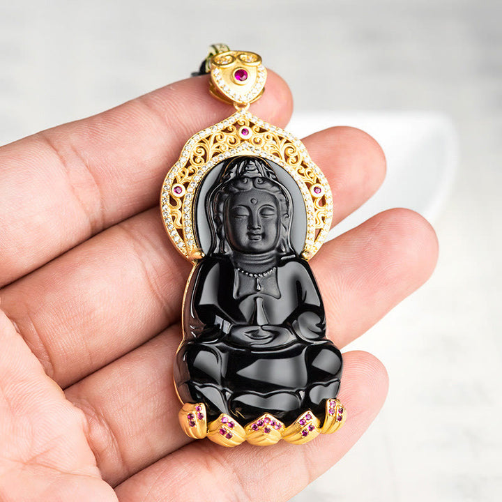 Buddha Stones 925 Sterling Silver Natural Black Jade Kwan Yin Avalokitesvara Wealth Necklace Pendant - image 3