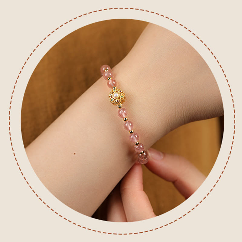 Buddha Stones 14K Gold Plated Natural Strawberry Quartz Labradorite Sun Stone Fu Character Positive Charm Bracelet - image 2