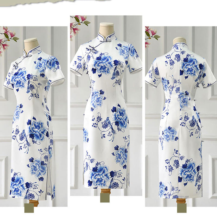 Buddha Stones Blue And White Porcelain Color Peony Flower Pattern Cheongsam Dress Women's Qipao Dress