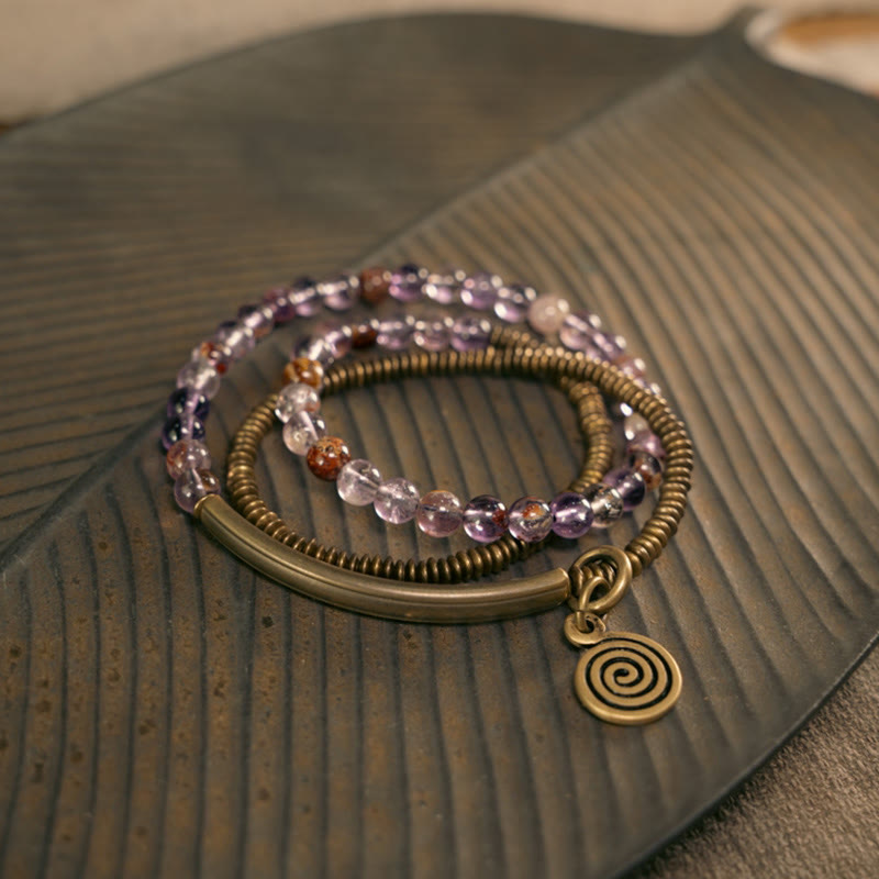 Buddha Stones Purple Phantom Red Hematoid Quartz Green Rutilated Quartz Copper Love Forgive Bracelet - image 1