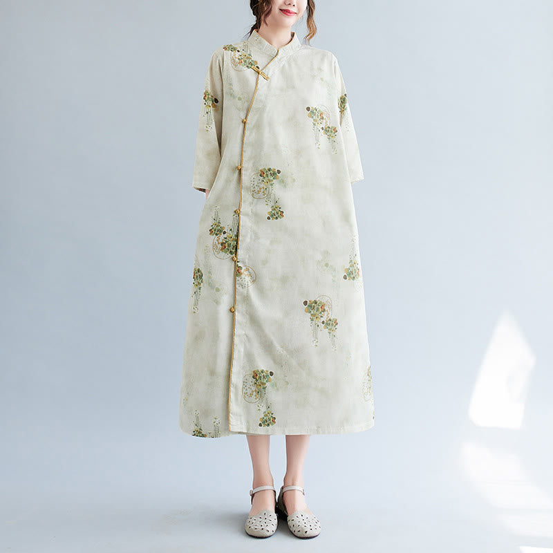 Buddha Stones Flowers Green Yellow Leaves Print Cheongsam Midi Dress Three Quarter Sleeve Dress With Pockets