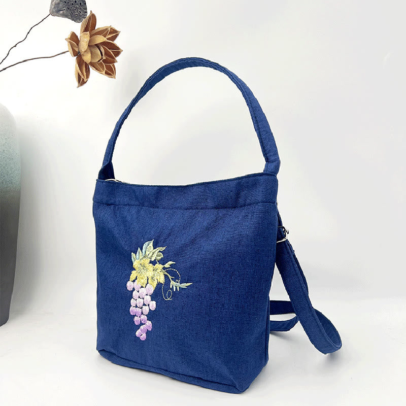 Buddha Stones Embroidery Wisteria Plum Lotus Cherry Blossom Cotton Linen Canvas Tote Crossbody Bag Shoulder Bag Handbag