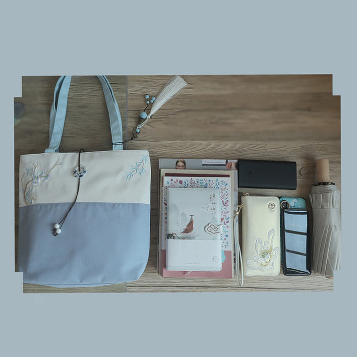 Pear Flower Plum Peach Blossom Bamboo Embroidery Canvas Large Capacity Shoulder Bag Tote Bag - image 14