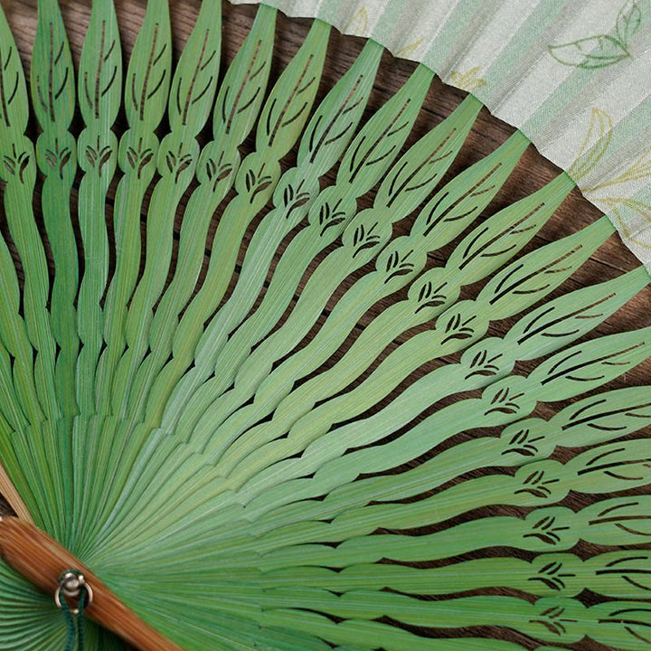 Buddha Stones Green Leaves Handheld Silk Bamboo Folding Fan