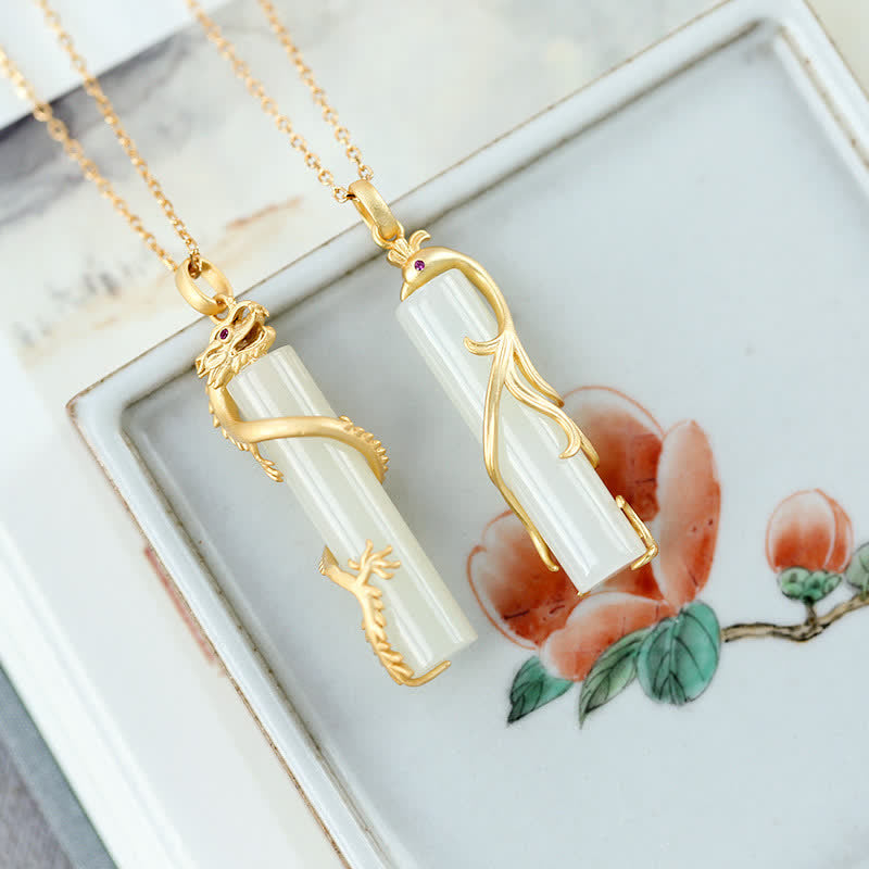 Buddha Stones Jade Dragon Phoenix Copper Protection Necklace Pendant - image 2