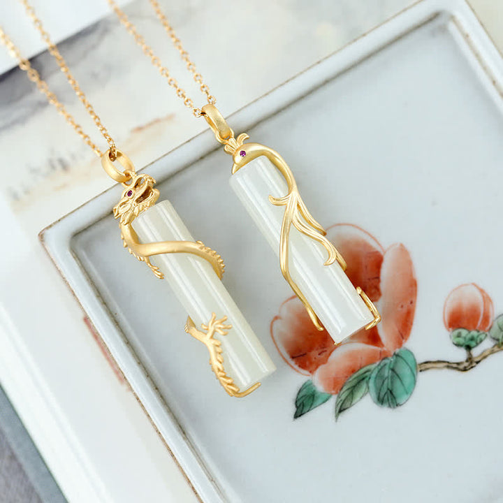 Buddha Stones Jade Dragon Phoenix Copper Protection Necklace Pendant - image 2