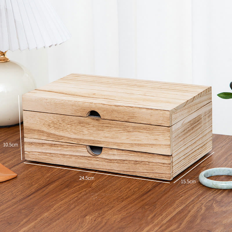 Buddha Stones Retro Beige Wooden Jewelry Box Two-Layer Jewelry Storage Box With Mirror - image 15