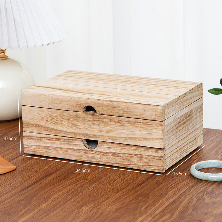 Buddha Stones Retro Beige Wooden Jewelry Box Two-Layer Jewelry Storage Box With Mirror - image 15