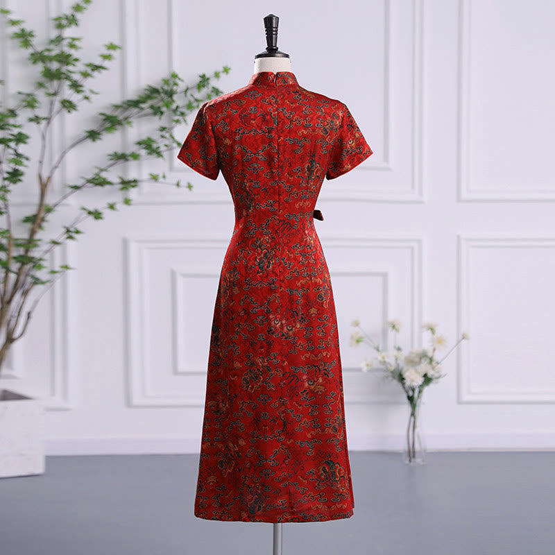 Buddha Stones Vintage Auspicious Clouds Leaf Print Cheongsam Dress Women's Qipao Dress