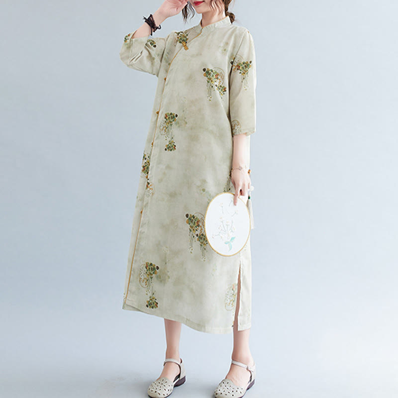 Buddha Stones Flowers Green Yellow Leaves Print Cheongsam Midi Dress Three Quarter Sleeve Dress With Pockets