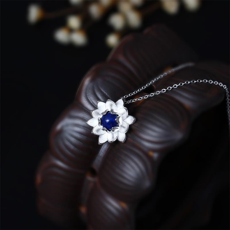 Buddha Stones 925 Sterling Silver Lazurite Lotus Flower Self Care Necklace Pendant - image 3