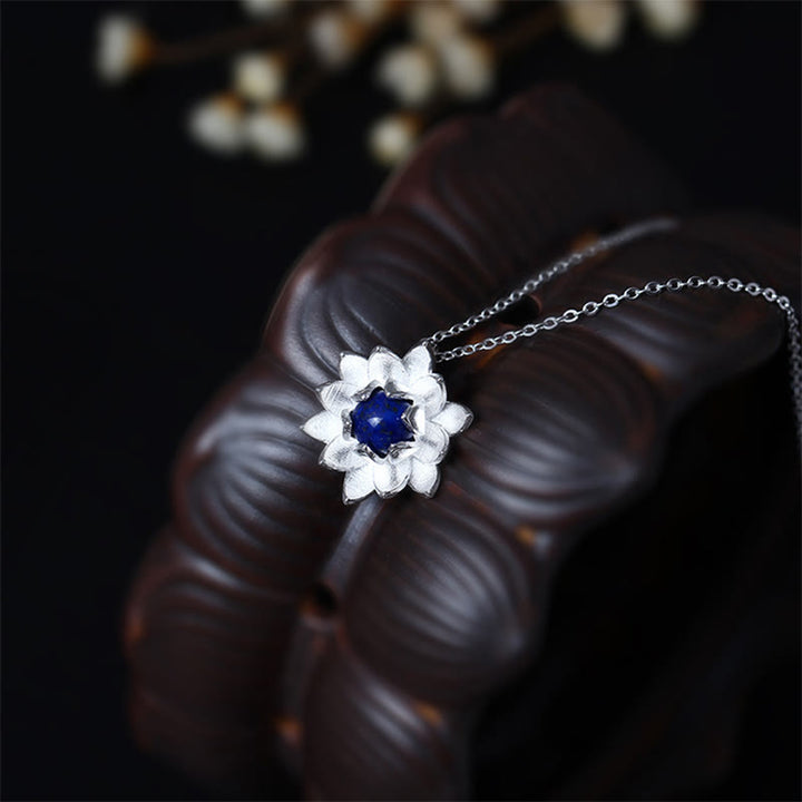 Buddha Stones 925 Sterling Silver Lazurite Lotus Flower Self Care Necklace Pendant - image 3
