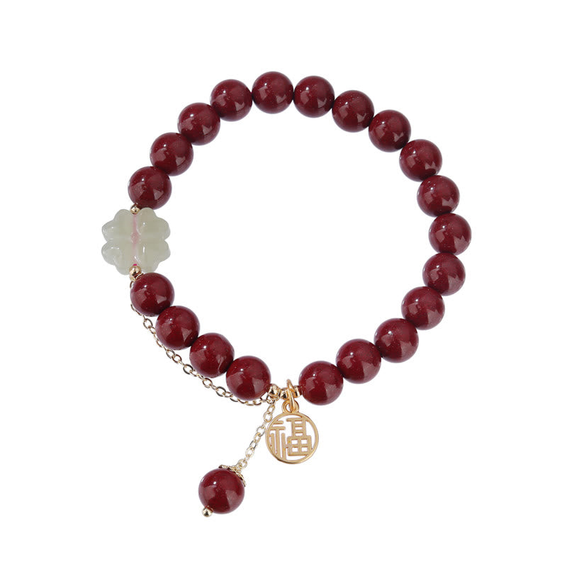 Buddha Stones Cinnabar Fu Character Hetian Jade Lucky Four Leaf Clover Blessing Bracelet - image 8