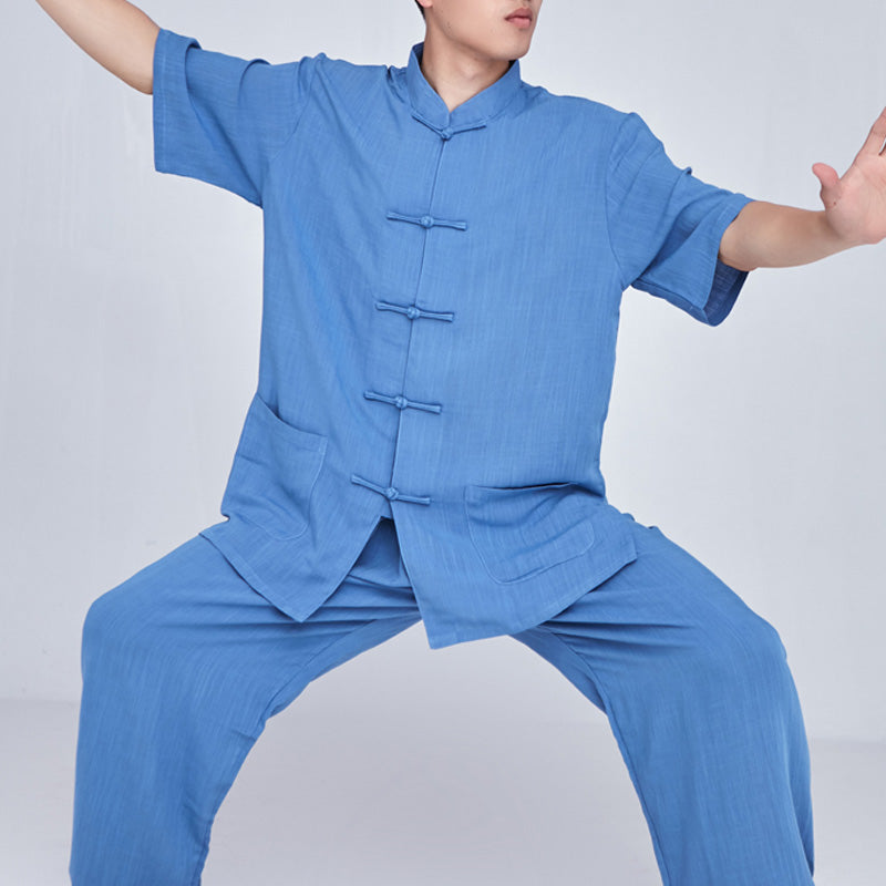 Buddha Stones Meditation Zen Prayer Spiritual Tai Chi Qigong Practice Unisex Embroidery Clothing Set - Short Sleeve Blue - US14，UK/AU18，EU46 (3XL) - image 35