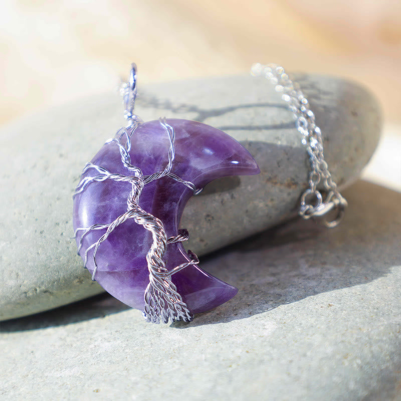 Buddha Stones Natural Quartz Crystal Moon Tree Of Life Healing Energy Necklace Pendant - image 3