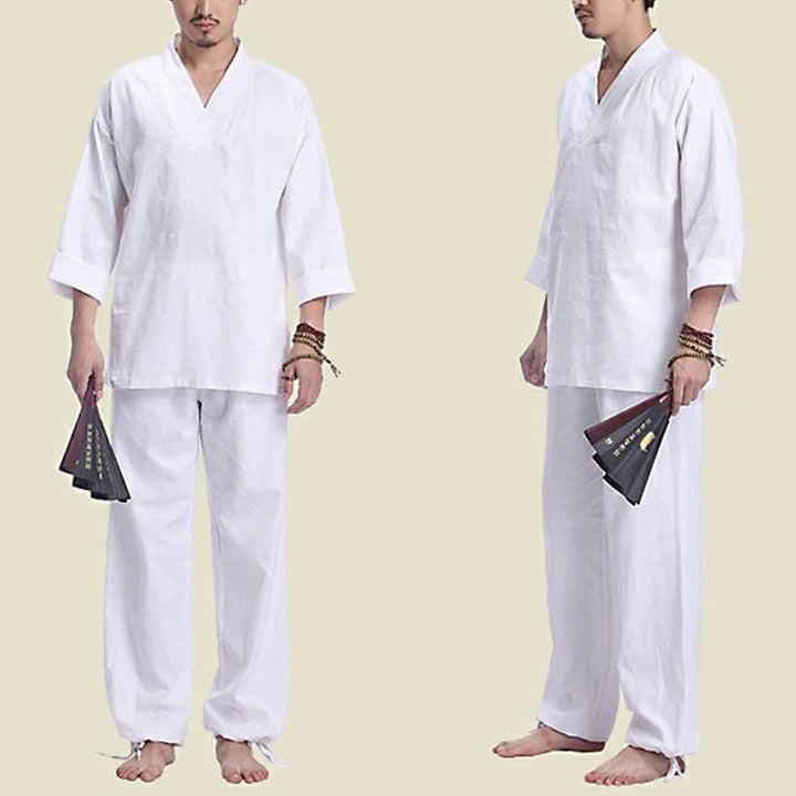 Buddha Stones Meditation Prayer V-neck Design Cotton Linen Spiritual Zen Practice Yoga Clothing Men's Set - image 15