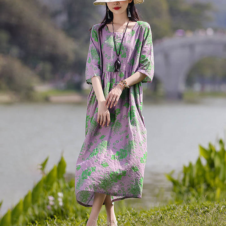 Buddha Stones Flowers Print Midi Dress Cotton Linen Tunic Dress With Pockets