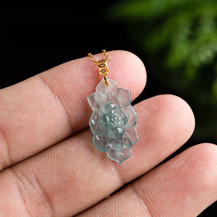 Buddha Stones 18K Gold Natural Jade Lotus Pattern Prosperity Necklace Pendant - image 3