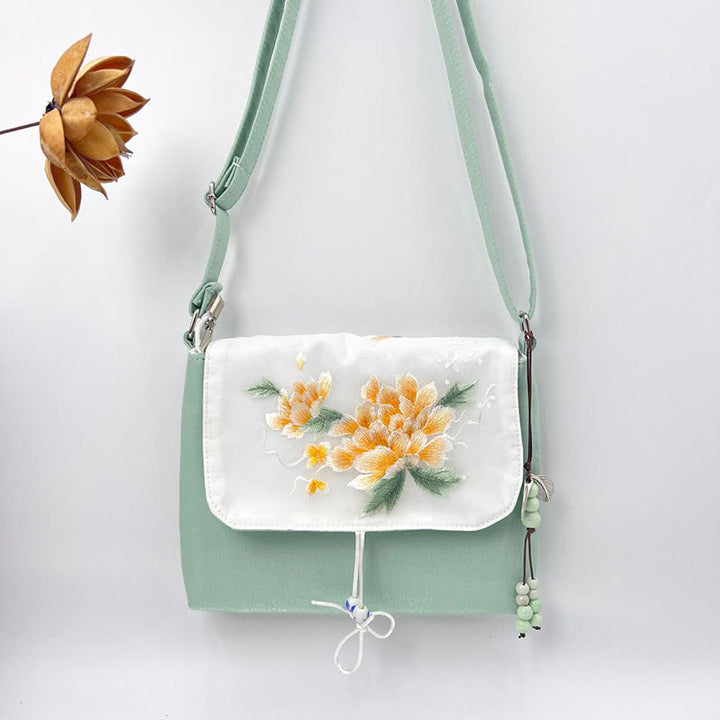 Buddha Stones Embroidered Camellia Epiphyllum Gardenia Sakura Flowers Crossbody Bag Shoulder Bag Cellphone Bag