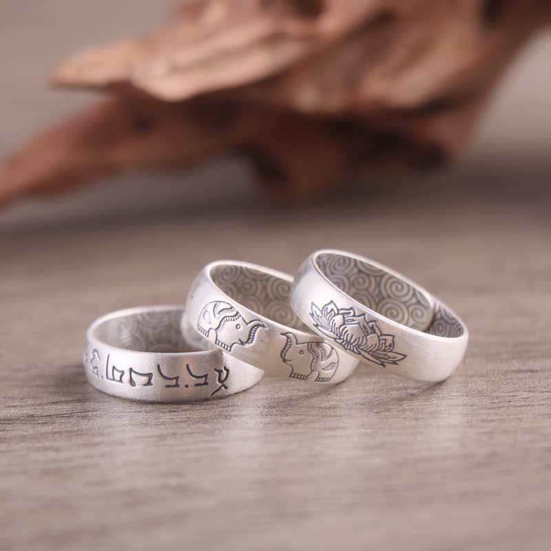 Buddha Stones 999 Sterling Silver Lotus Elephant Six True Words Blessing Ring - image 0