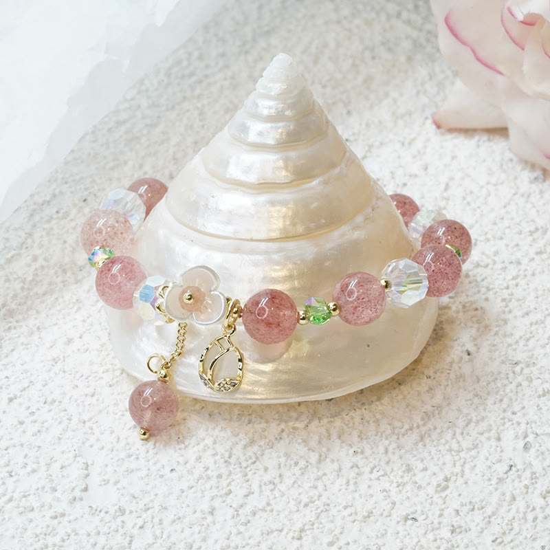 Buddha Stones Strawberry Quartz Rutilated Quartz Fluorite Flower Healing Bracelet