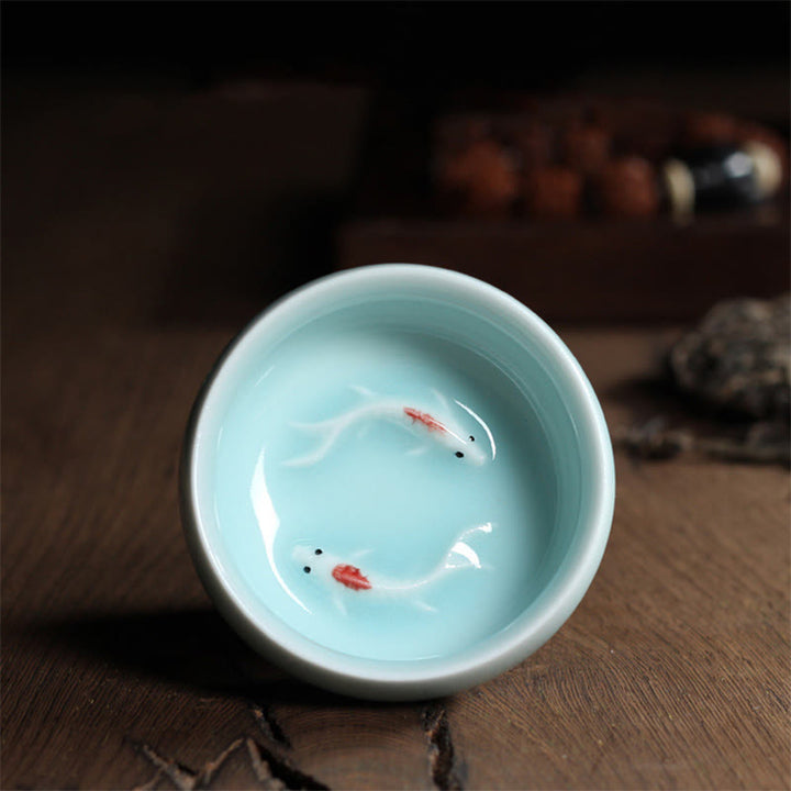 Buddha Stones Colorful Koi Fish Ceramic Teacup Kung Fu Tea Cup Bowl - Light Green Koi Fish 6.8cm*3.4cm*55ml - image 28