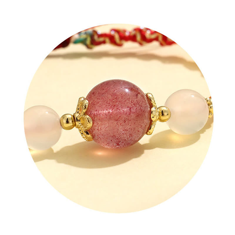 Buddha Stones Strawberry Quartz Pink Crystal Prehnite White Agate Bead Healing Rope Bracelet