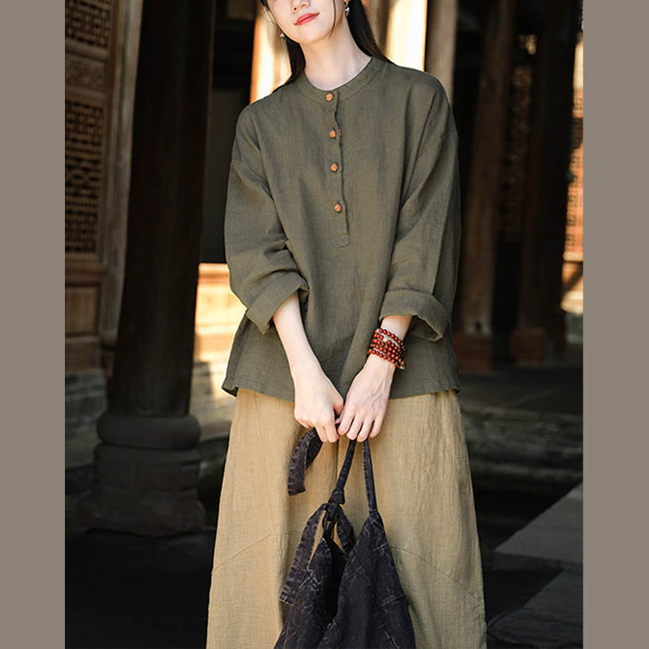 Buddha Stones Solid Color Loose Button Blouse Long Sleeve Shirt Top