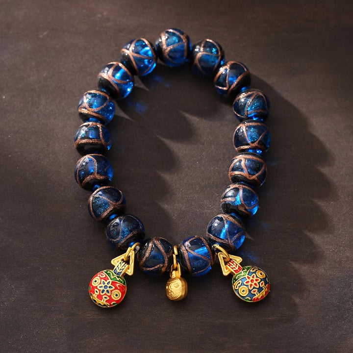 Buddha Stones Gold Swallowing Beast Luck Charm Blue Liuli Glass Bead Fortune Bracelet