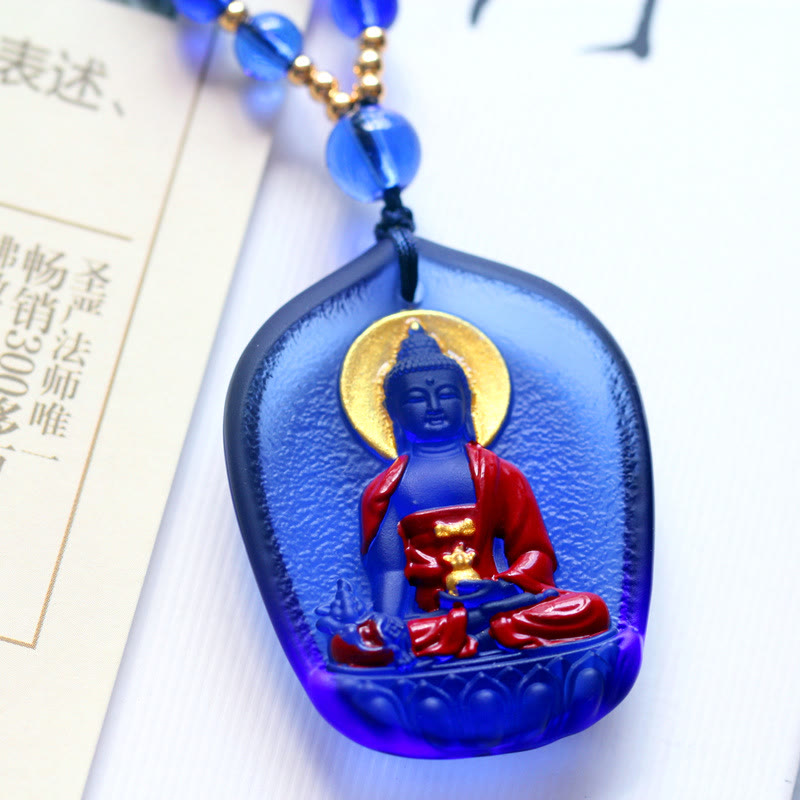 Buddha Stones Tibet Medicine Buddha Liuli Crystal Compassion Necklace Pendant - Blue Medicine Buddha - image 5