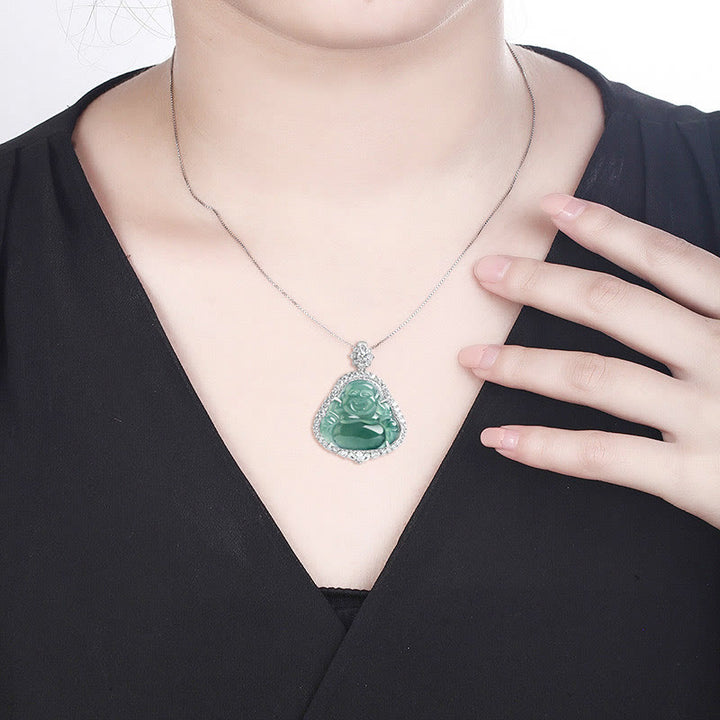 Buddha Stones 925 Sterling Silver Laughing Buddha Natural Jade Luck Abundance Chain Necklace Pendant - image 8