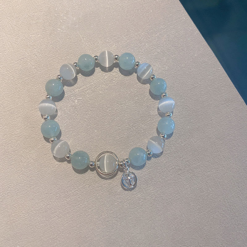Buddha Stones 925 Sterling Silver Cat's Eye Aquamarine Support Charm Bracelet - image 1