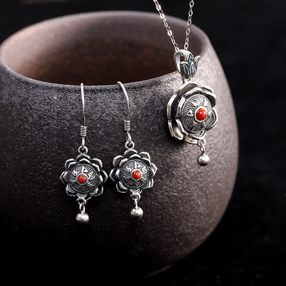 925 Sterling Silver Om Mani Padme Hum Lotus Peace Necklace Pendant Earrings - image 5