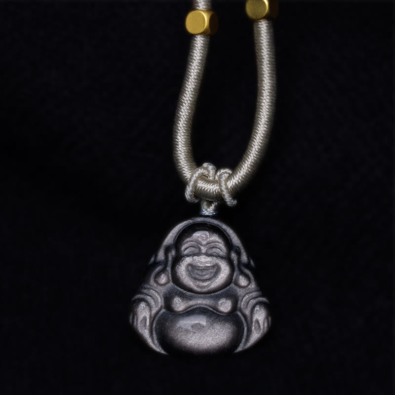 Buddha Stones Natural Silver Sheen Obsidian Laughing Buddha Protection Necklace Pendant - image 7