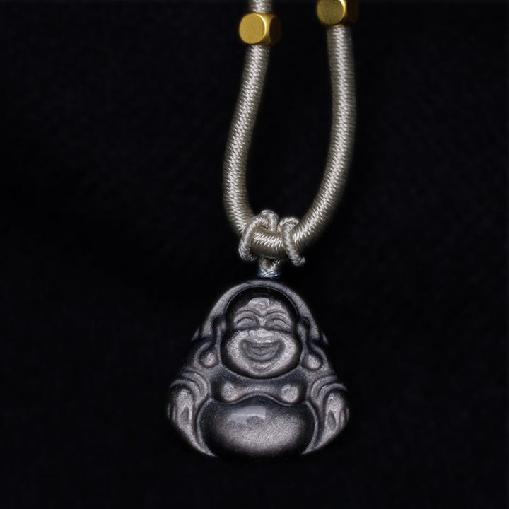 Buddha Stones Natural Silver Sheen Obsidian Laughing Buddha Protection Necklace Pendant - image 7