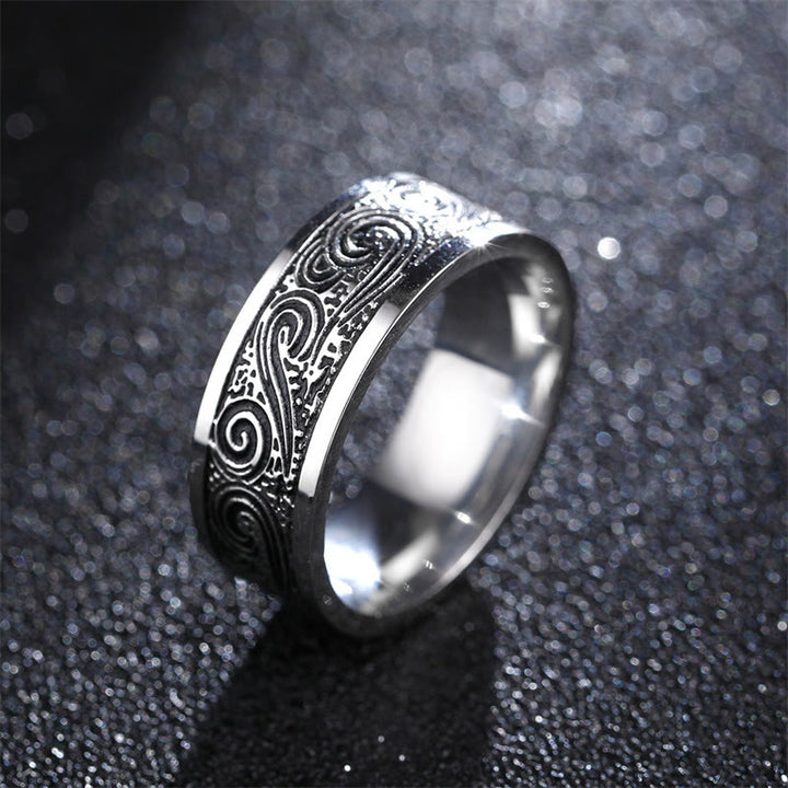 Vintage Wave Auspicious Clouds Engraved Pattern Titanium Steel Balance Ring - US14 - image 0
