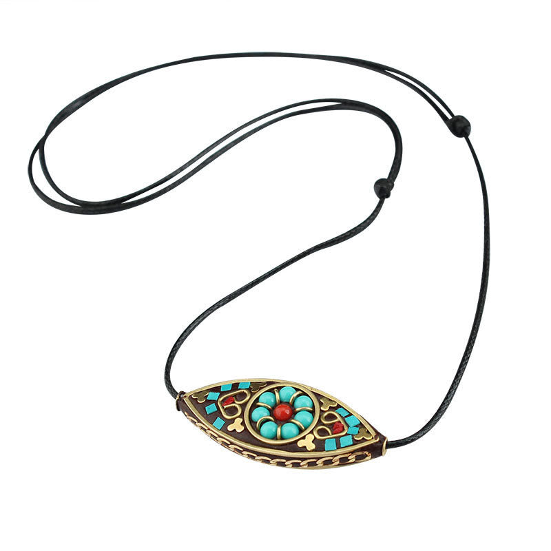 Buddha Stones Tibet Turquoise Bead Marquise Pattern Protection Strength Necklace Pendant - image 11