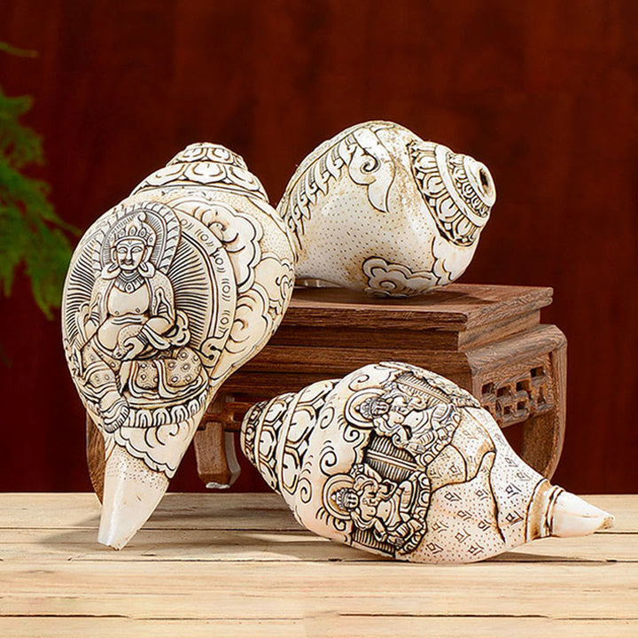 Tibetan Handmade Engraved Shankha Buddha Avalokitesvara Conch Shell Wealth Decoration - image 1