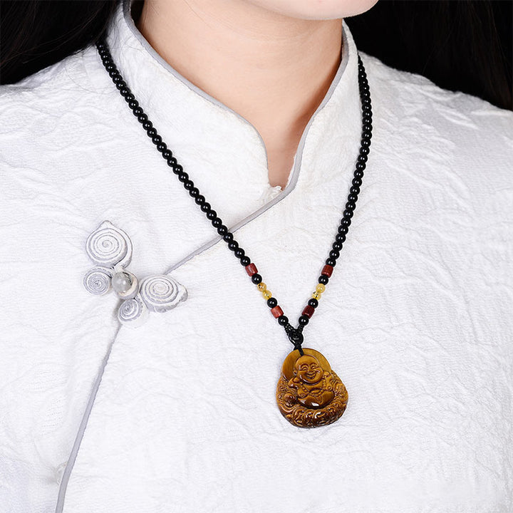 Buddha Stones Tiger's Eye Laughing Buddha Blessing Necklace - image 6