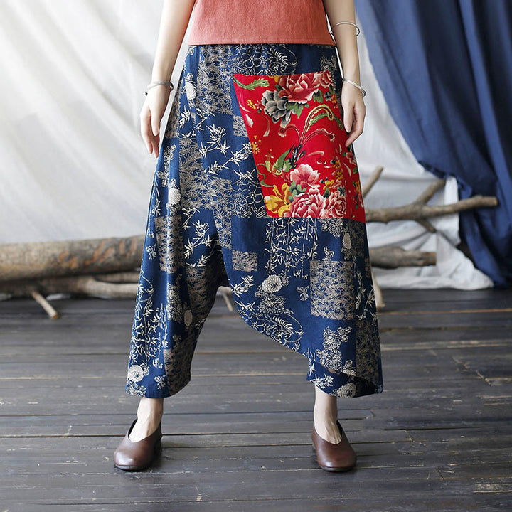 Buddha Stones Red Peony Blue Bamboo Chrysanthemum Patchwork Cotton Linen Harem Pants With Pockets