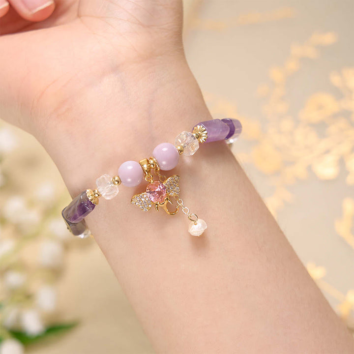 Buddha Stones Amethyst Green Aventurine Strawberry Quartz Positive Elephant Charm Bracelet