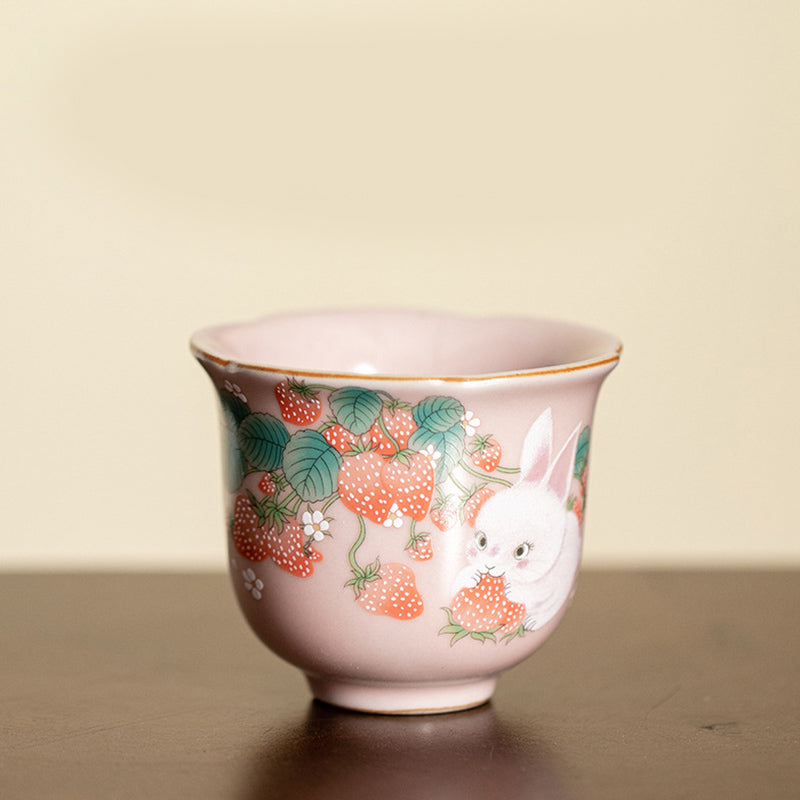 Buddha Stones Cute Strawberry Rabbit Flower Ceramic Teacup Kung Fu Tea Cup 55ml