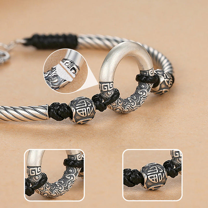 Buddha Stones 999 Sterling Silver Fu Character Peace Buckle Copper Coin Auspicious Clouds Fortune Bracelet - image 14