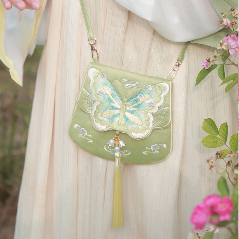 Buddha Stones Luck Embroidery Lotus Koi Fish Rabbit Flower Hanfu Bag Crossbody Bag Shoulder Bag - Green Butterfly - image 25